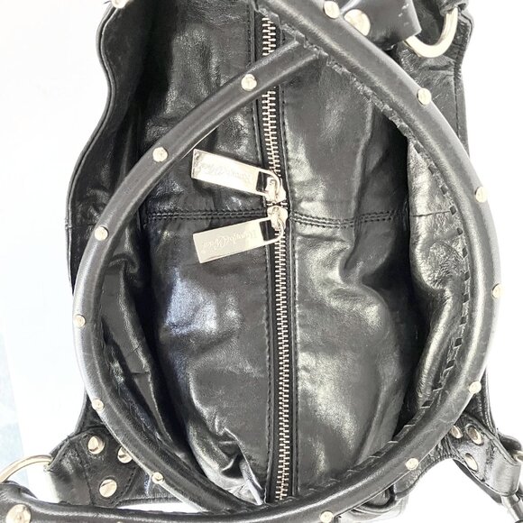 Rough Roses New Genuine Soft Black Leather Large Satchel Bag, Bright Gold Detail - Picture 6 of 11